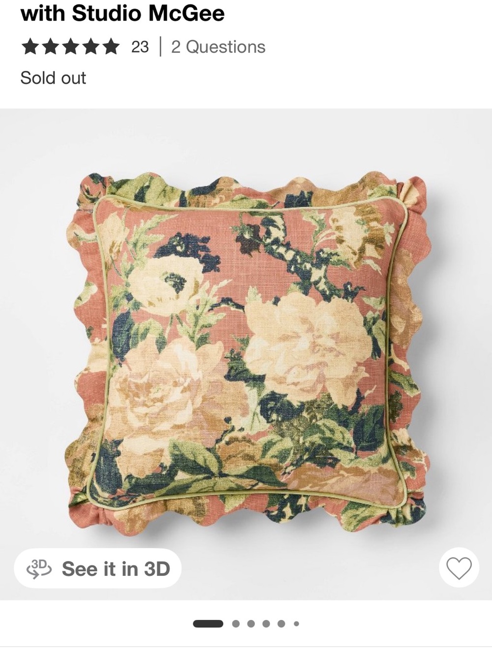 Studio McGee Coral and Cream Floral Ruffle Pillow 20” x 20”